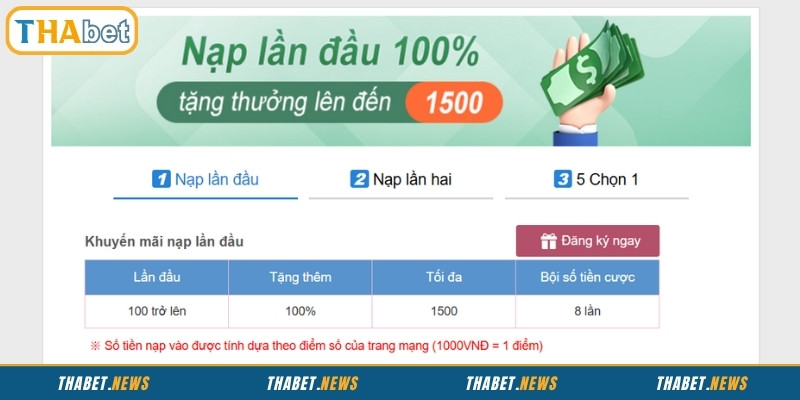 Khuyến mãi chào mừng THABET cho lần nạp đầu tiên
